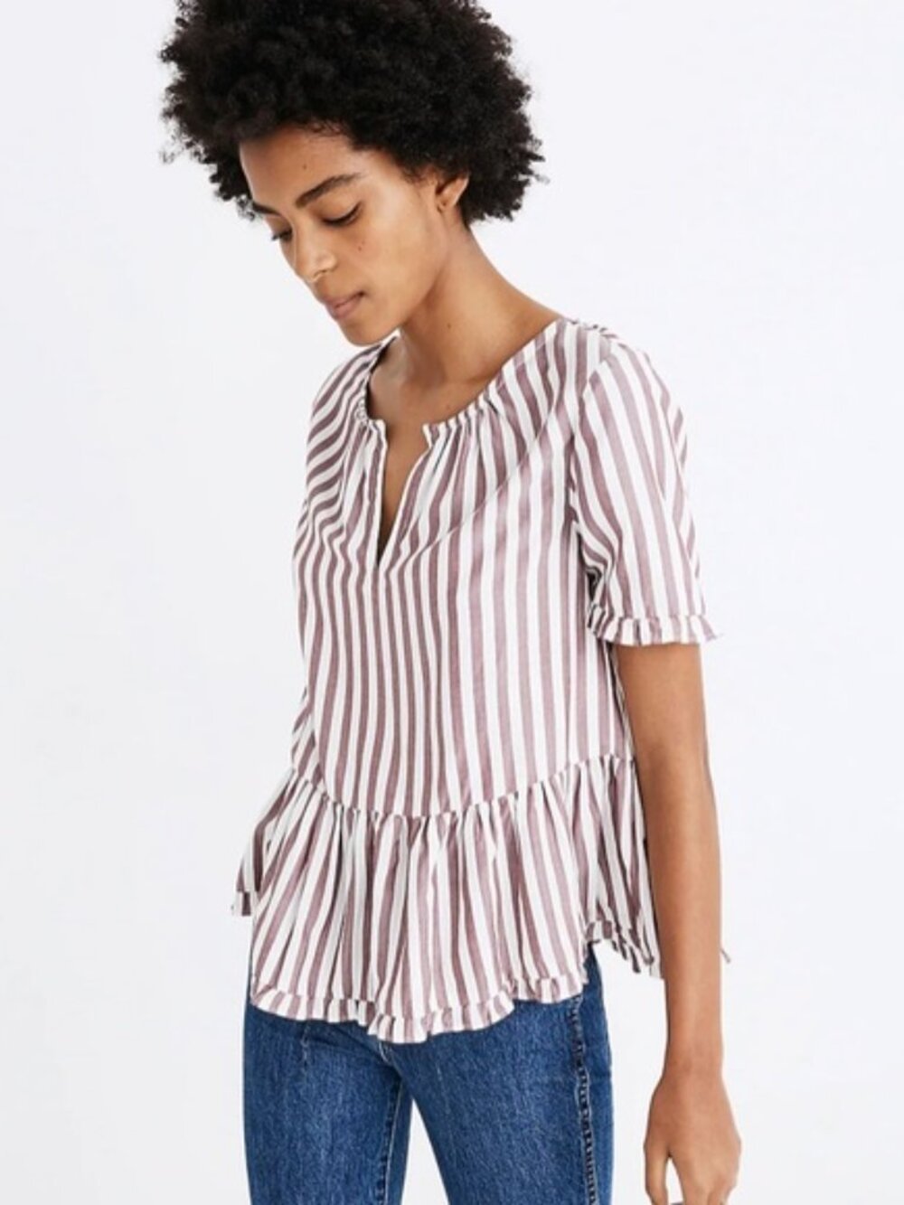 Madewell Stanza Ruffle Hem purple striped peplum top